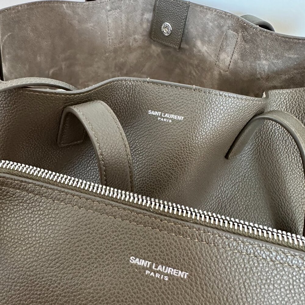 Saint Laurent Bold Shopping Bag With Zipped Pouch Leather Khaki Purse - Picture 14 of 16